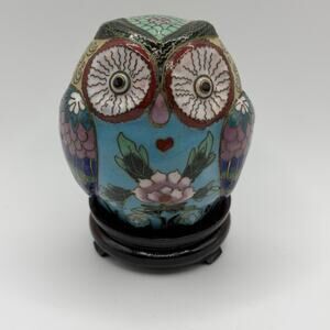 Vintage Cloisonné Enamel OWL Figurine Brass 3.25”H with Wood Stand Small Statue